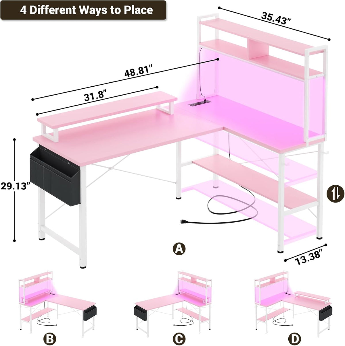 L Shaped Gaming Desk with Power Outlets & LED Lights, Black