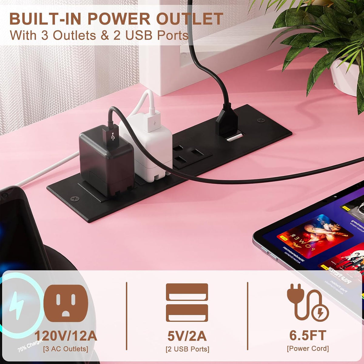 L Shaped Gaming Desk with Power Outlets & LED Lights, Black