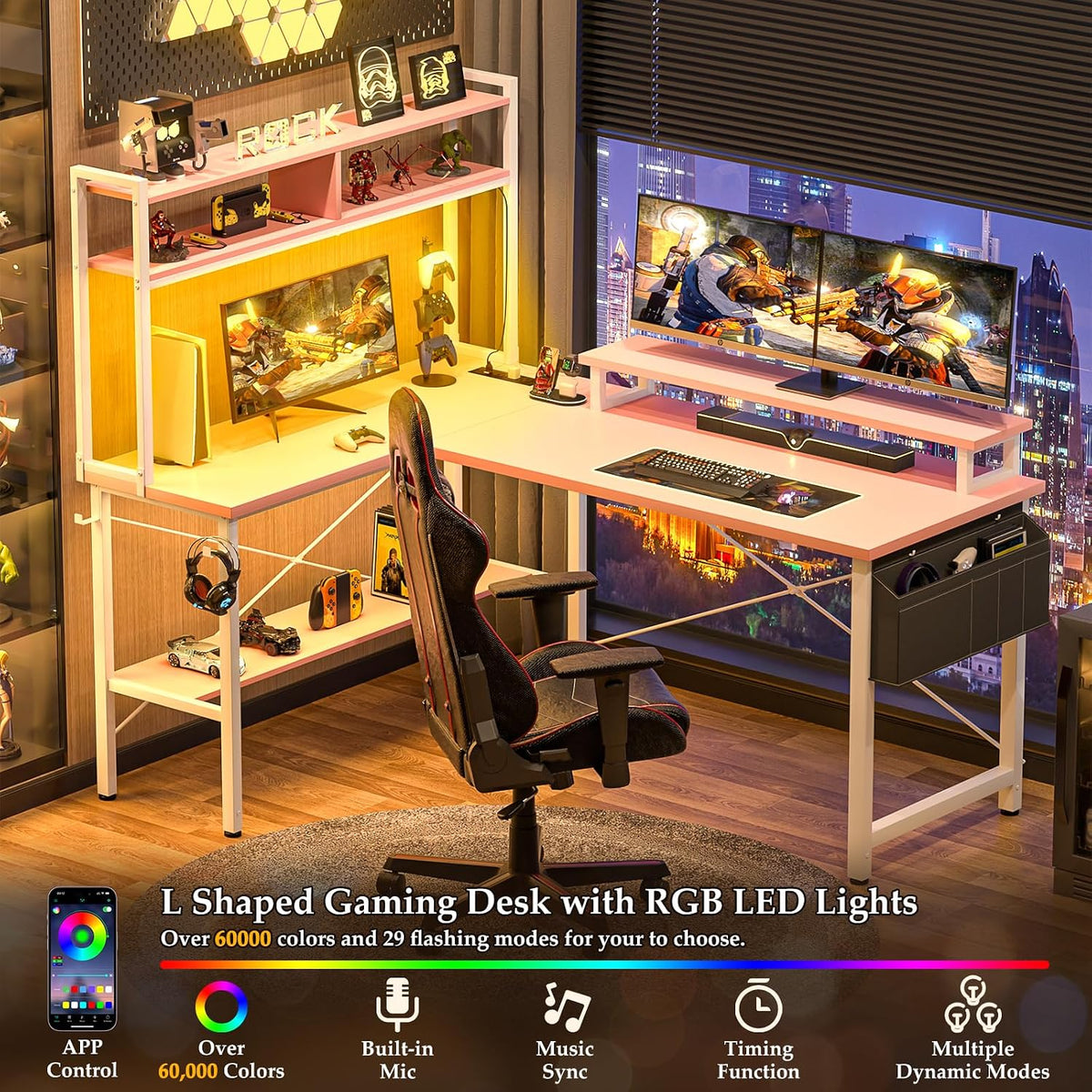 L Shaped Gaming Desk with Power Outlets & LED Lights, Black