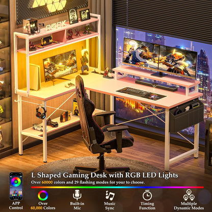 L Shaped Gaming Desk with Power Outlets & LED Lights, Black