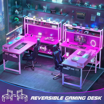 L Shaped Gaming Desk with Power Outlets & LED Lights, Black