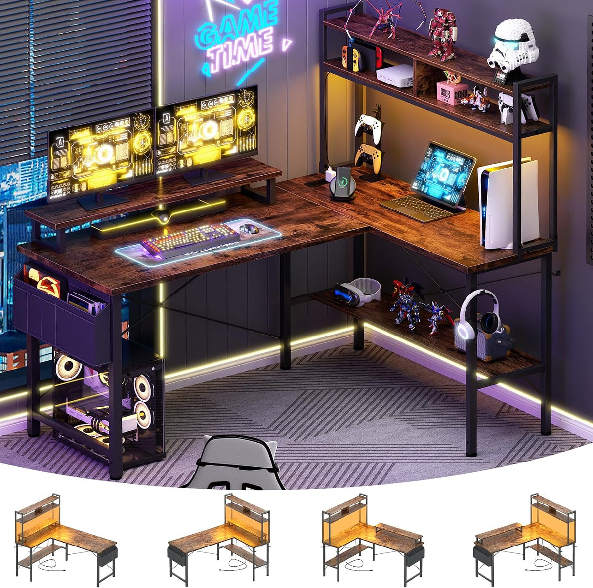L Shaped Gaming Desk with Power Outlets & LED Lights, Black