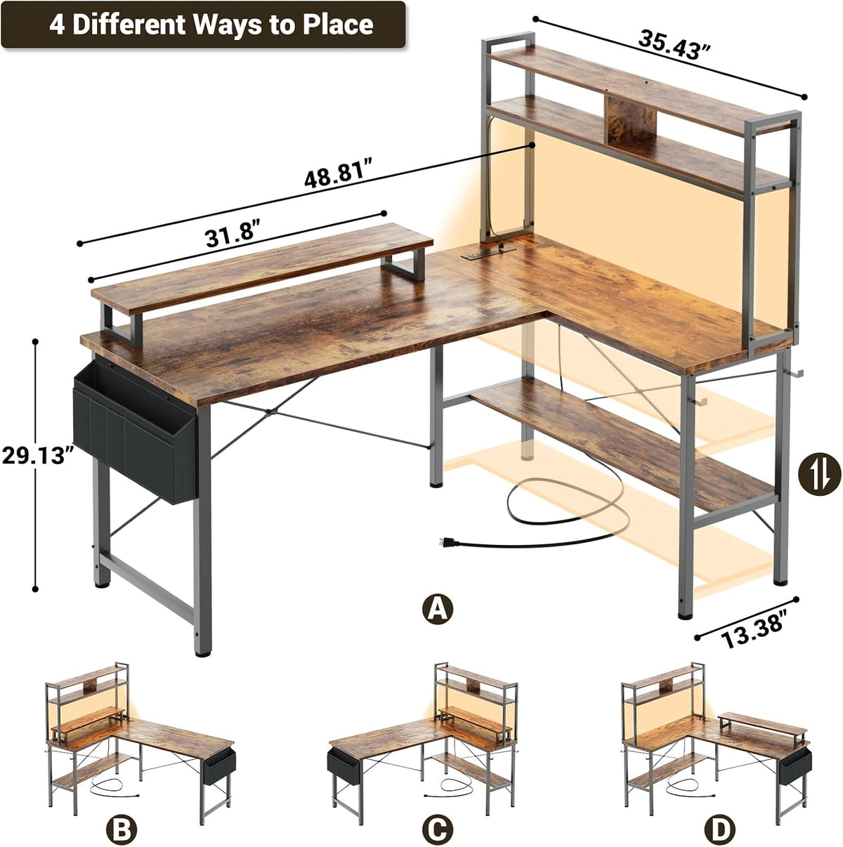 L Shaped Gaming Desk with Power Outlets & LED Lights, Black
