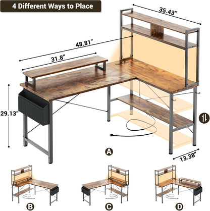 L Shaped Gaming Desk with Power Outlets & LED Lights, Black