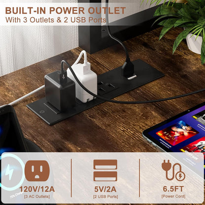 L Shaped Gaming Desk with Power Outlets & LED Lights, Black