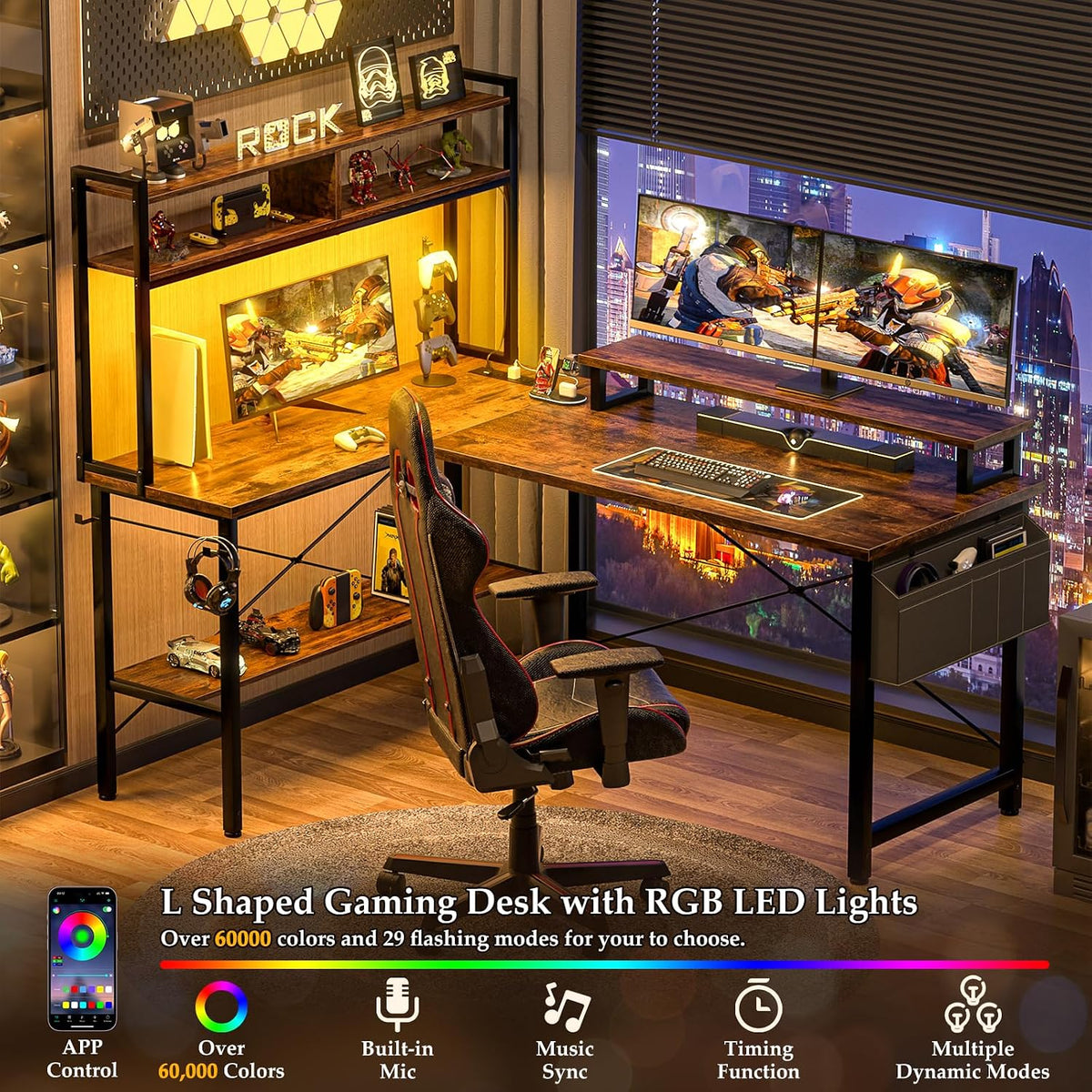 L Shaped Gaming Desk with Power Outlets & LED Lights, Black