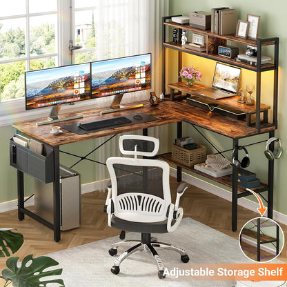L Shaped Gaming Desk with Power Outlets & LED Lights, Black