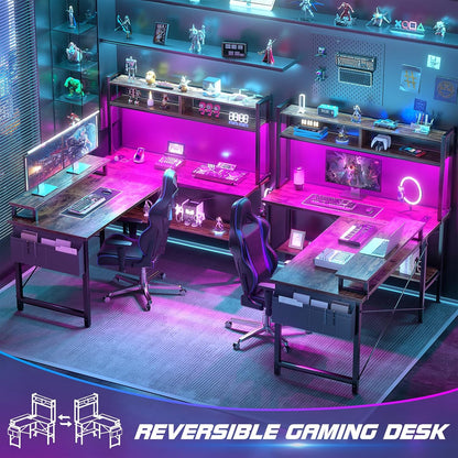 L Shaped Gaming Desk with Power Outlets & LED Lights, Black