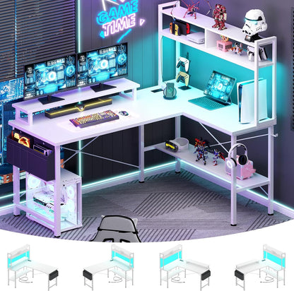 L Shaped Gaming Desk with Power Outlets & LED Lights, Black