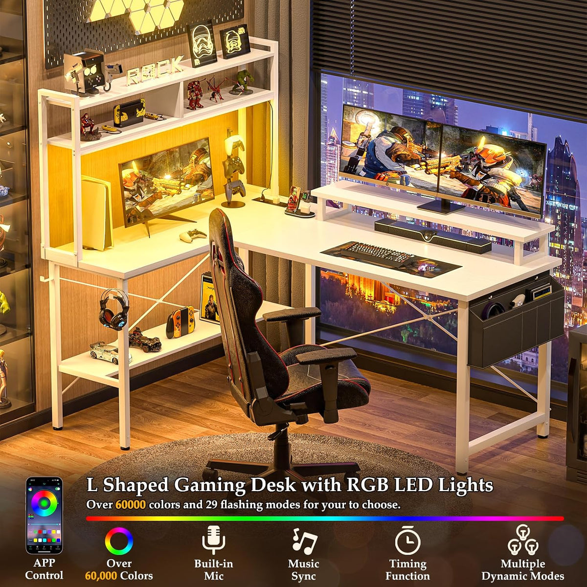 L Shaped Gaming Desk with Power Outlets & LED Lights, Black