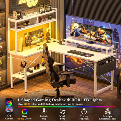 L Shaped Gaming Desk with Power Outlets & LED Lights, Black