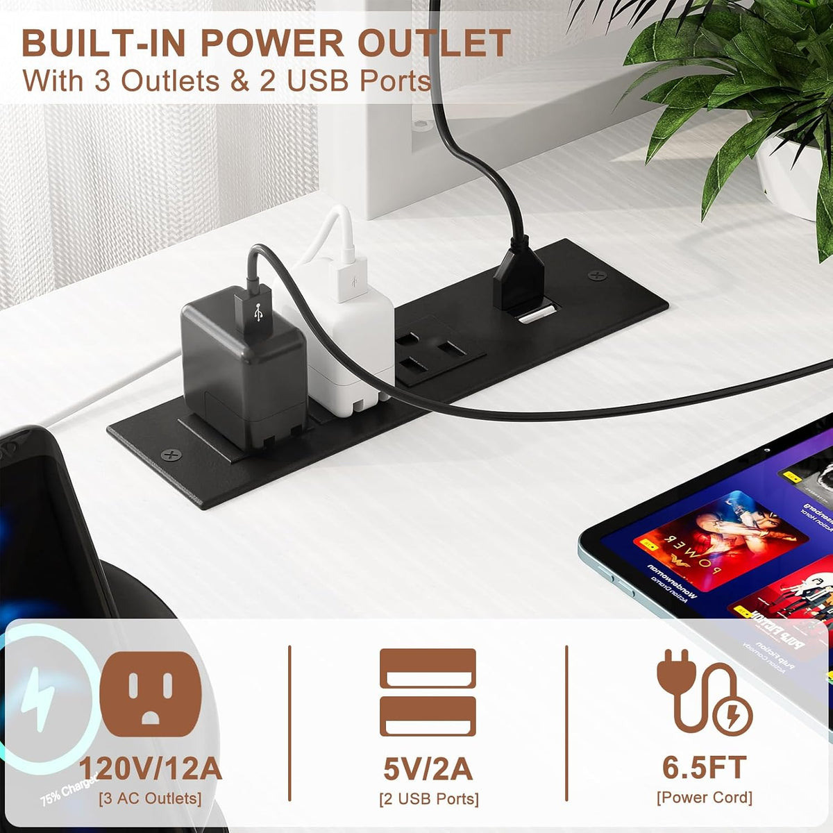 L Shaped Gaming Desk with Power Outlets & LED Lights, Black