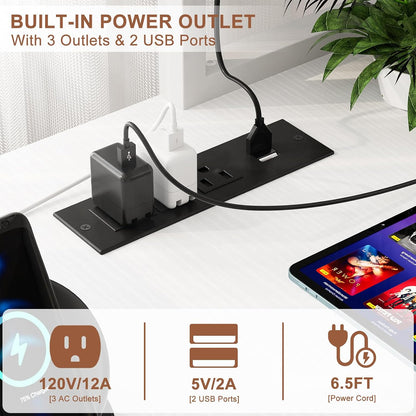 L Shaped Gaming Desk with Power Outlets & LED Lights, Black