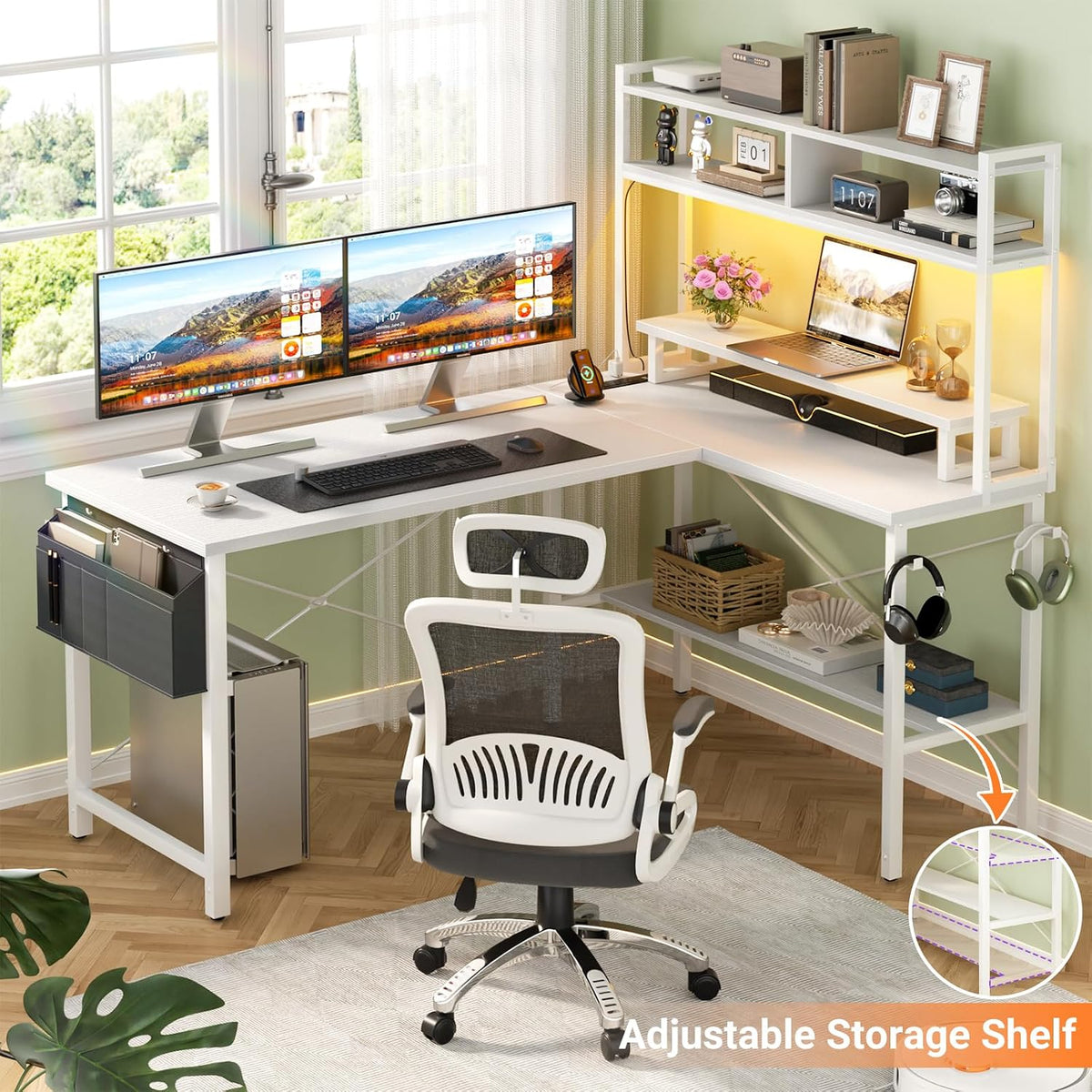 L Shaped Gaming Desk with Power Outlets & LED Lights, Black