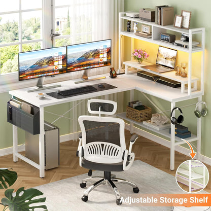 L Shaped Gaming Desk with Power Outlets & LED Lights, Black