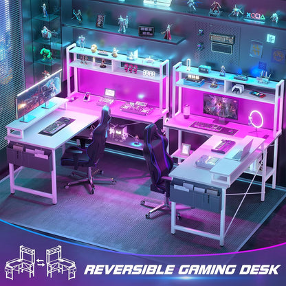 L Shaped Gaming Desk with Power Outlets & LED Lights, Black