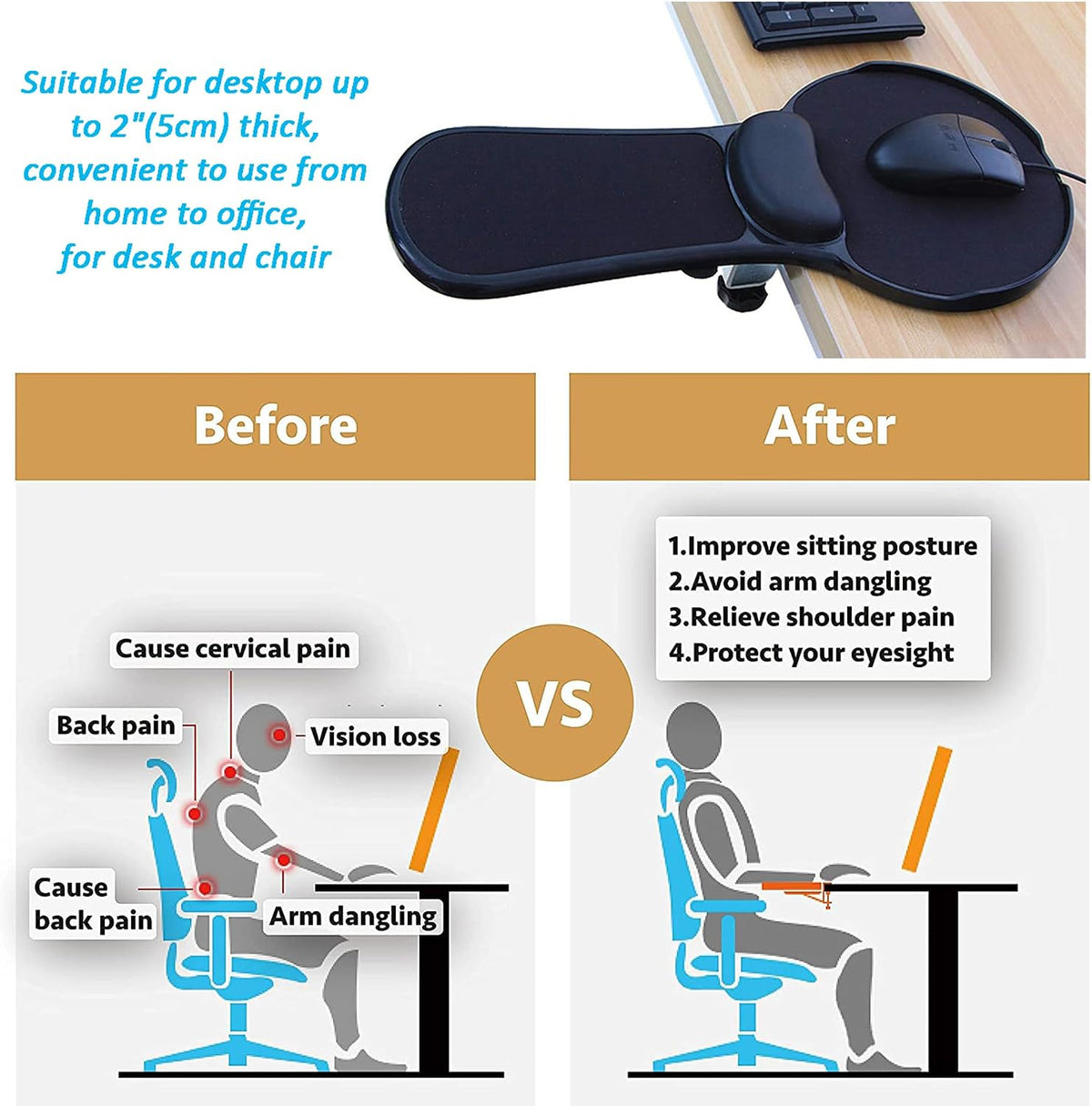 Arm Support Wrist Rest for Table and Chair, Ergonomic Armrest Desk Extender, Multifunctional Computer Mouse Pad Holder (Black)