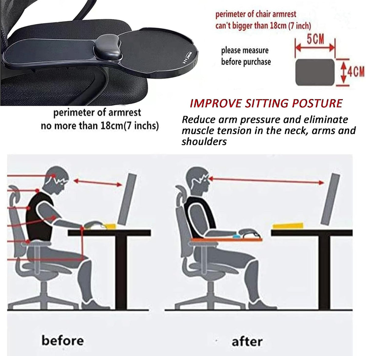 Arm Support Wrist Rest for Table and Chair, Ergonomic Armrest Desk Extender, Multifunctional Computer Mouse Pad Holder (Black)