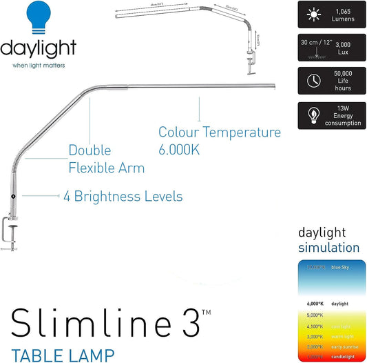 daylight Company, LLC U35108 Slimline 3 Table Lamp-LED-80 CRI-Eye Care-4 Brightness Levels, 3,000 LUX at 30 cm, 1,065 LUMENS-4 Step DIMMER Mode, Brushed Steel, 25.6 x 30 x 0.8