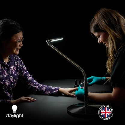 daylight Company, LLC U35108 Slimline 3 Table Lamp-LED-80 CRI-Eye Care-4 Brightness Levels, 3,000 LUX at 30 cm, 1,065 LUMENS-4 Step DIMMER Mode, Brushed Steel, 25.6 x 30 x 0.8