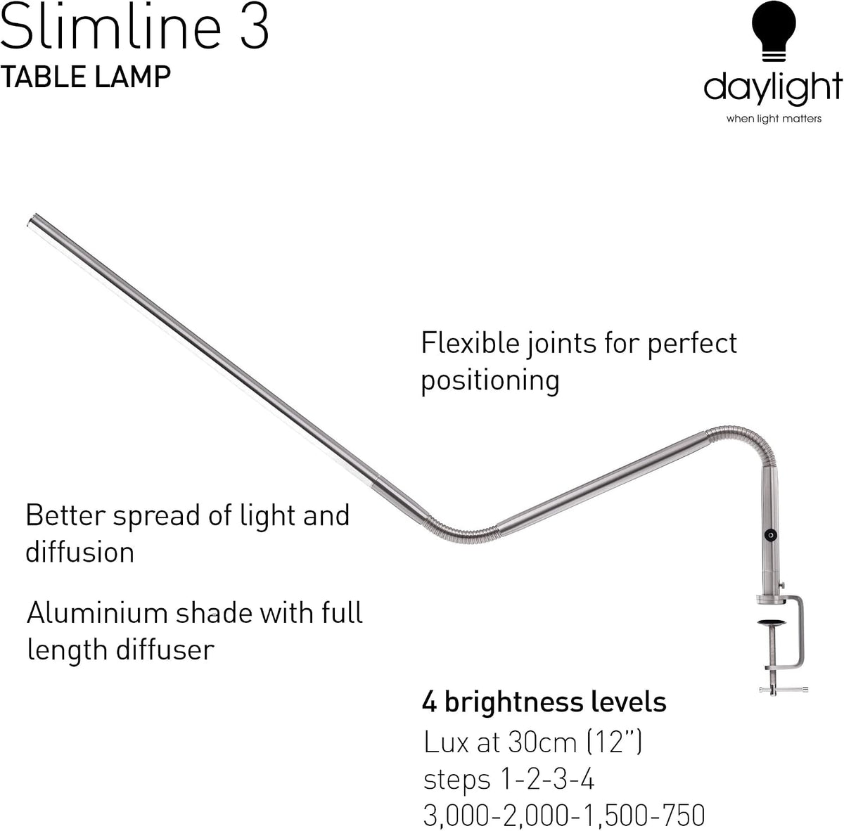 daylight Company, LLC U35108 Slimline 3 Table Lamp-LED-80 CRI-Eye Care-4 Brightness Levels, 3,000 LUX at 30 cm, 1,065 LUMENS-4 Step DIMMER Mode, Brushed Steel, 25.6 x 30 x 0.8