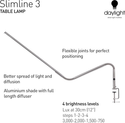 daylight Company, LLC U35108 Slimline 3 Table Lamp-LED-80 CRI-Eye Care-4 Brightness Levels, 3,000 LUX at 30 cm, 1,065 LUMENS-4 Step DIMMER Mode, Brushed Steel, 25.6 x 30 x 0.8