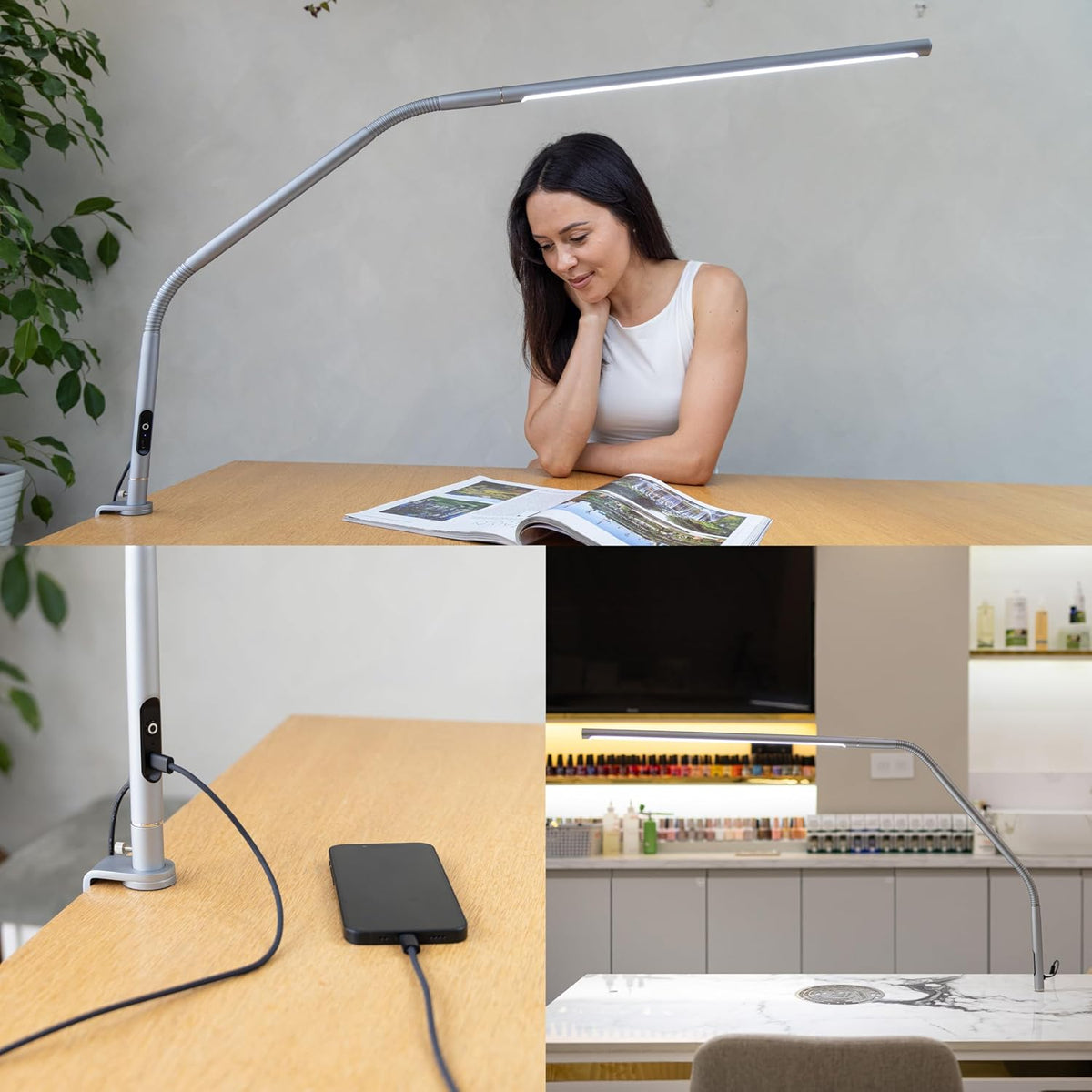 daylight Company, LLC U35108 Slimline 3 Table Lamp-LED-80 CRI-Eye Care-4 Brightness Levels, 3,000 LUX at 30 cm, 1,065 LUMENS-4 Step DIMMER Mode, Brushed Steel, 25.6 x 30 x 0.8