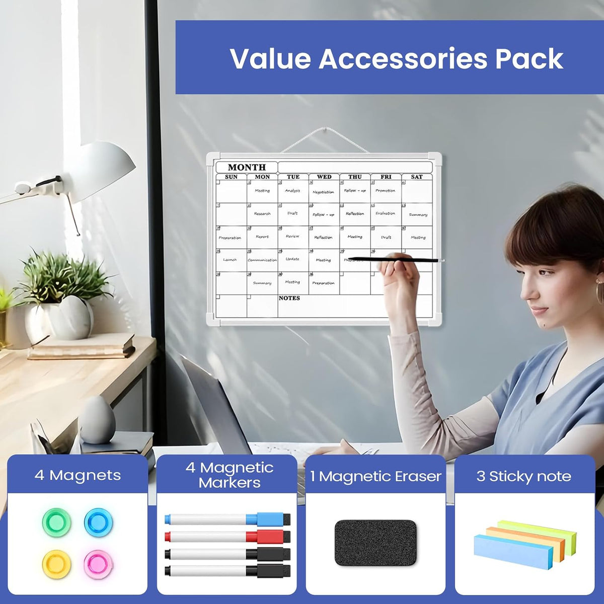 Monthly Whiteboard Calendar for Wall, Small 16" x 12" Dry Erase Board with Plastic Frame, Hanging Dry Erase Calendar with 3 Mini Sticky Notes for Kitchen Planner, Memo, Home and Office