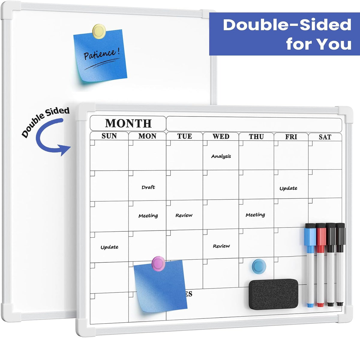 Monthly Whiteboard Calendar for Wall, Small 16" x 12" Dry Erase Board with Plastic Frame, Hanging Dry Erase Calendar with 3 Mini Sticky Notes for Kitchen Planner, Memo, Home and Office