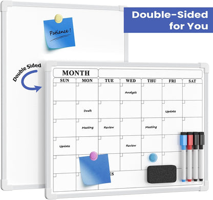 Monthly Whiteboard Calendar for Wall, Small 16" x 12" Dry Erase Board with Plastic Frame, Hanging Dry Erase Calendar with 3 Mini Sticky Notes for Kitchen Planner, Memo, Home and Office