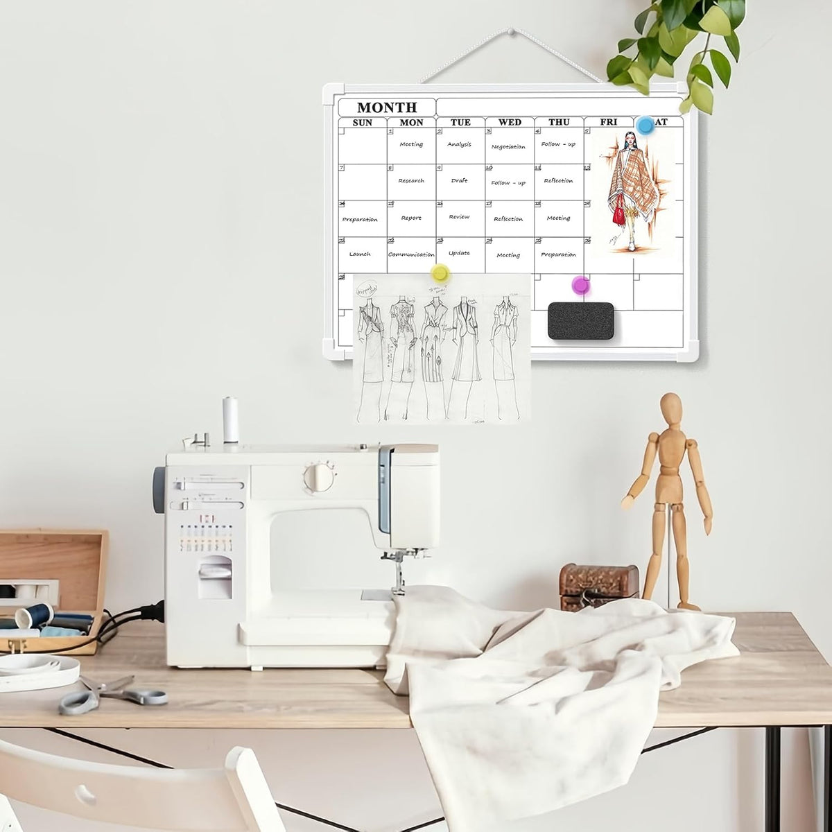 Monthly Whiteboard Calendar for Wall, Small 16" x 12" Dry Erase Board with Plastic Frame, Hanging Dry Erase Calendar with 3 Mini Sticky Notes for Kitchen Planner, Memo, Home and Office