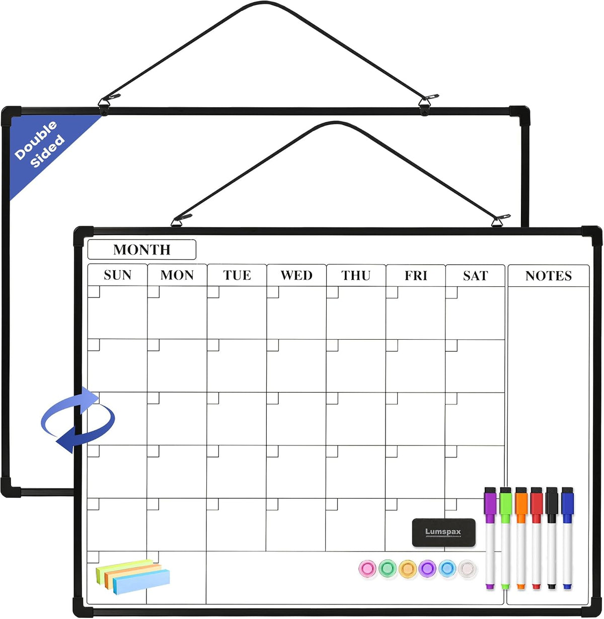 Monthly Whiteboard Calendar for Wall, Small 16" x 12" Dry Erase Board with Plastic Frame, Hanging Dry Erase Calendar with 3 Mini Sticky Notes for Kitchen Planner, Memo, Home and Office
