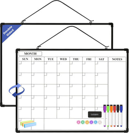 Monthly Whiteboard Calendar for Wall, Small 16" x 12" Dry Erase Board with Plastic Frame, Hanging Dry Erase Calendar with 3 Mini Sticky Notes for Kitchen Planner, Memo, Home and Office