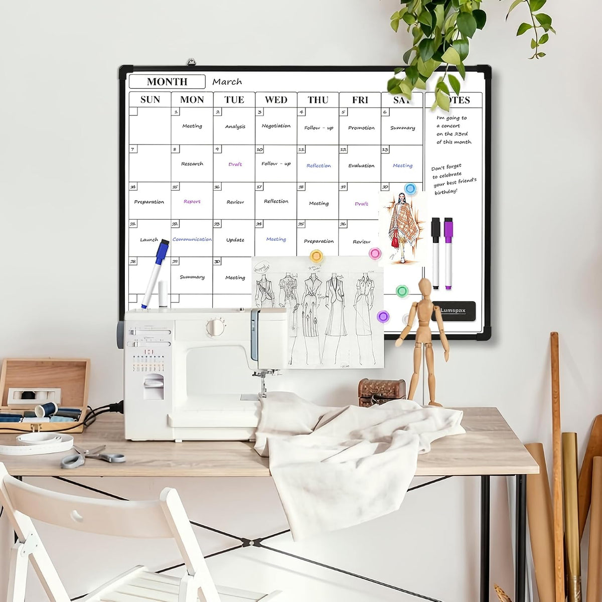 Monthly Whiteboard Calendar for Wall, Small 16" x 12" Dry Erase Board with Plastic Frame, Hanging Dry Erase Calendar with 3 Mini Sticky Notes for Kitchen Planner, Memo, Home and Office
