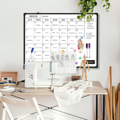 Monthly Whiteboard Calendar for Wall, Small 16" x 12" Dry Erase Board with Plastic Frame, Hanging Dry Erase Calendar with 3 Mini Sticky Notes for Kitchen Planner, Memo, Home and Office