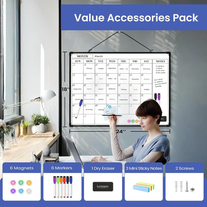 Monthly Whiteboard Calendar for Wall, Small 16" x 12" Dry Erase Board with Plastic Frame, Hanging Dry Erase Calendar with 3 Mini Sticky Notes for Kitchen Planner, Memo, Home and Office