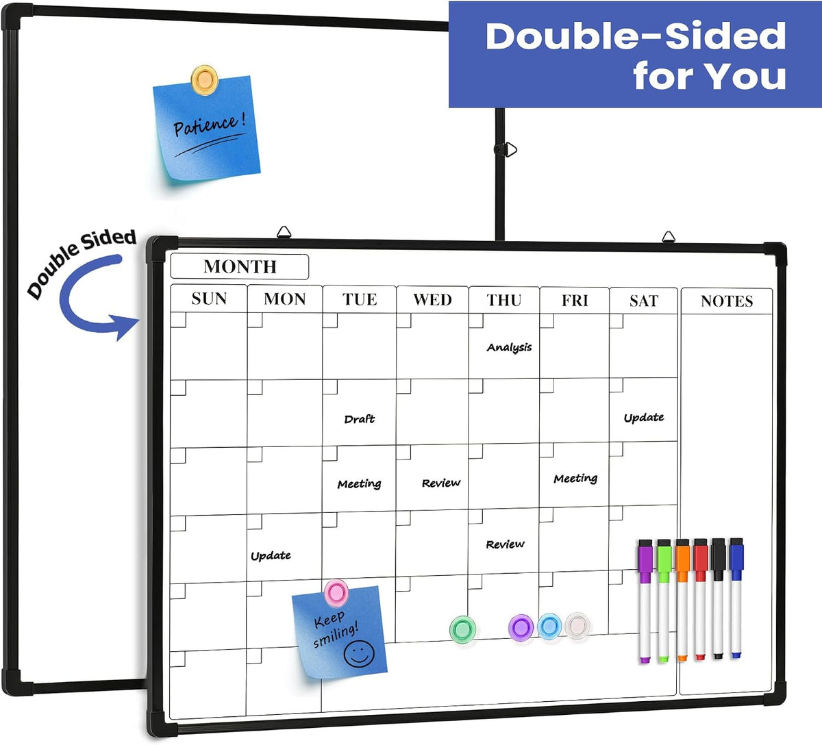 Monthly Whiteboard Calendar for Wall, Small 16" x 12" Dry Erase Board with Plastic Frame, Hanging Dry Erase Calendar with 3 Mini Sticky Notes for Kitchen Planner, Memo, Home and Office