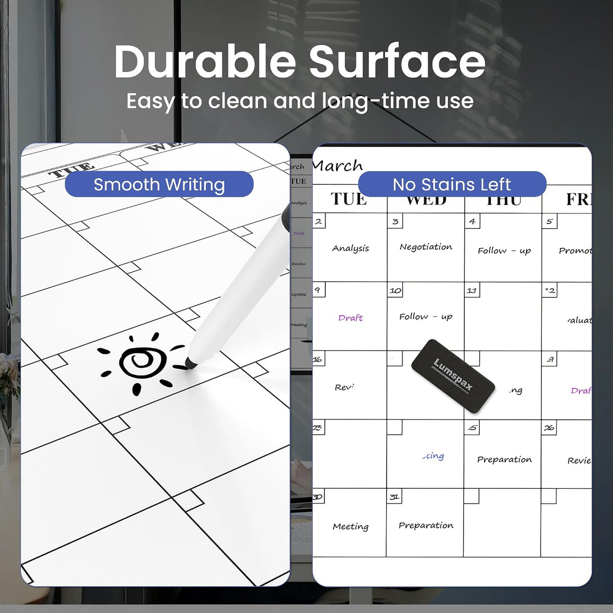 Monthly Whiteboard Calendar for Wall, Small 16" x 12" Dry Erase Board with Plastic Frame, Hanging Dry Erase Calendar with 3 Mini Sticky Notes for Kitchen Planner, Memo, Home and Office