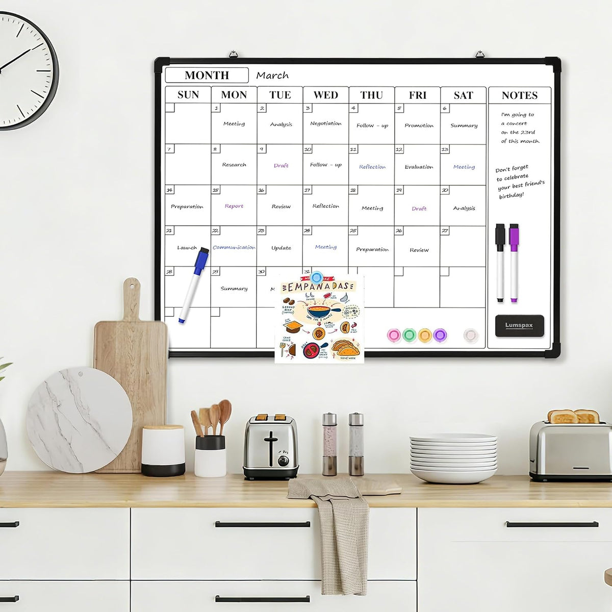 Monthly Whiteboard Calendar for Wall, Small 16" x 12" Dry Erase Board with Plastic Frame, Hanging Dry Erase Calendar with 3 Mini Sticky Notes for Kitchen Planner, Memo, Home and Office