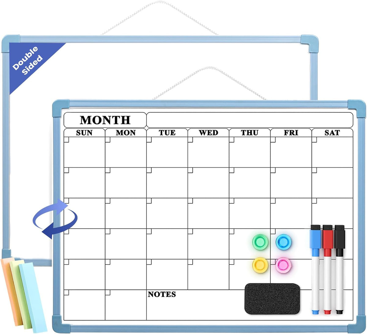 Monthly Whiteboard Calendar for Wall, Small 16" x 12" Dry Erase Board with Plastic Frame, Hanging Dry Erase Calendar with 3 Mini Sticky Notes for Kitchen Planner, Memo, Home and Office