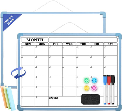 Monthly Whiteboard Calendar for Wall, Small 16" x 12" Dry Erase Board with Plastic Frame, Hanging Dry Erase Calendar with 3 Mini Sticky Notes for Kitchen Planner, Memo, Home and Office