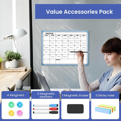 Monthly Whiteboard Calendar for Wall, Small 16" x 12" Dry Erase Board with Plastic Frame, Hanging Dry Erase Calendar with 3 Mini Sticky Notes for Kitchen Planner, Memo, Home and Office