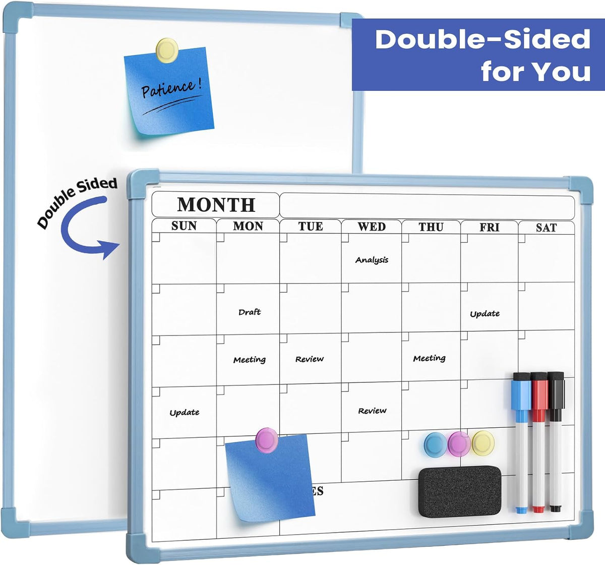 Monthly Whiteboard Calendar for Wall, Small 16" x 12" Dry Erase Board with Plastic Frame, Hanging Dry Erase Calendar with 3 Mini Sticky Notes for Kitchen Planner, Memo, Home and Office