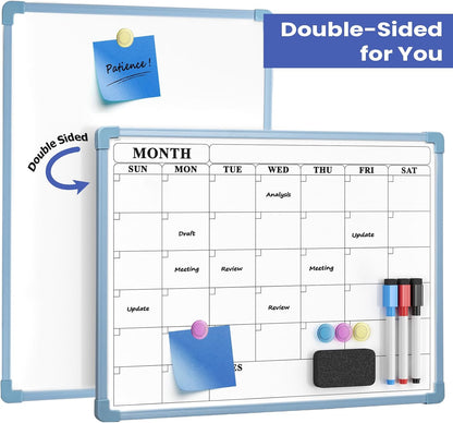Monthly Whiteboard Calendar for Wall, Small 16" x 12" Dry Erase Board with Plastic Frame, Hanging Dry Erase Calendar with 3 Mini Sticky Notes for Kitchen Planner, Memo, Home and Office