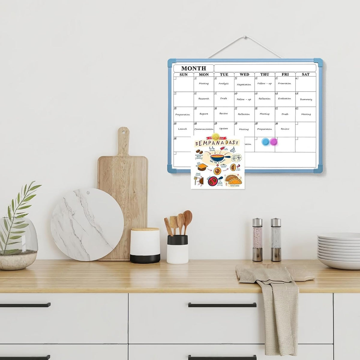 Monthly Whiteboard Calendar for Wall, Small 16" x 12" Dry Erase Board with Plastic Frame, Hanging Dry Erase Calendar with 3 Mini Sticky Notes for Kitchen Planner, Memo, Home and Office