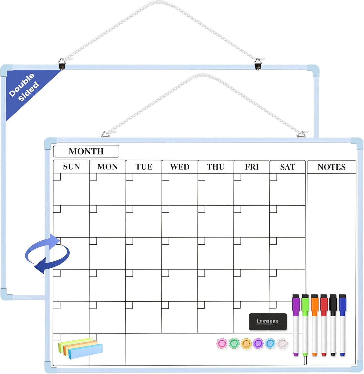 Monthly Whiteboard Calendar for Wall, Small 16" x 12" Dry Erase Board with Plastic Frame, Hanging Dry Erase Calendar with 3 Mini Sticky Notes for Kitchen Planner, Memo, Home and Office