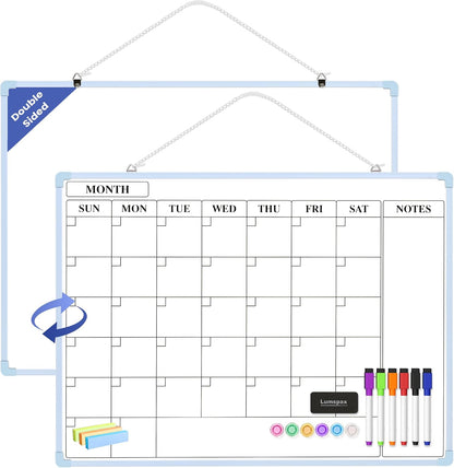 Monthly Whiteboard Calendar for Wall, Small 16" x 12" Dry Erase Board with Plastic Frame, Hanging Dry Erase Calendar with 3 Mini Sticky Notes for Kitchen Planner, Memo, Home and Office