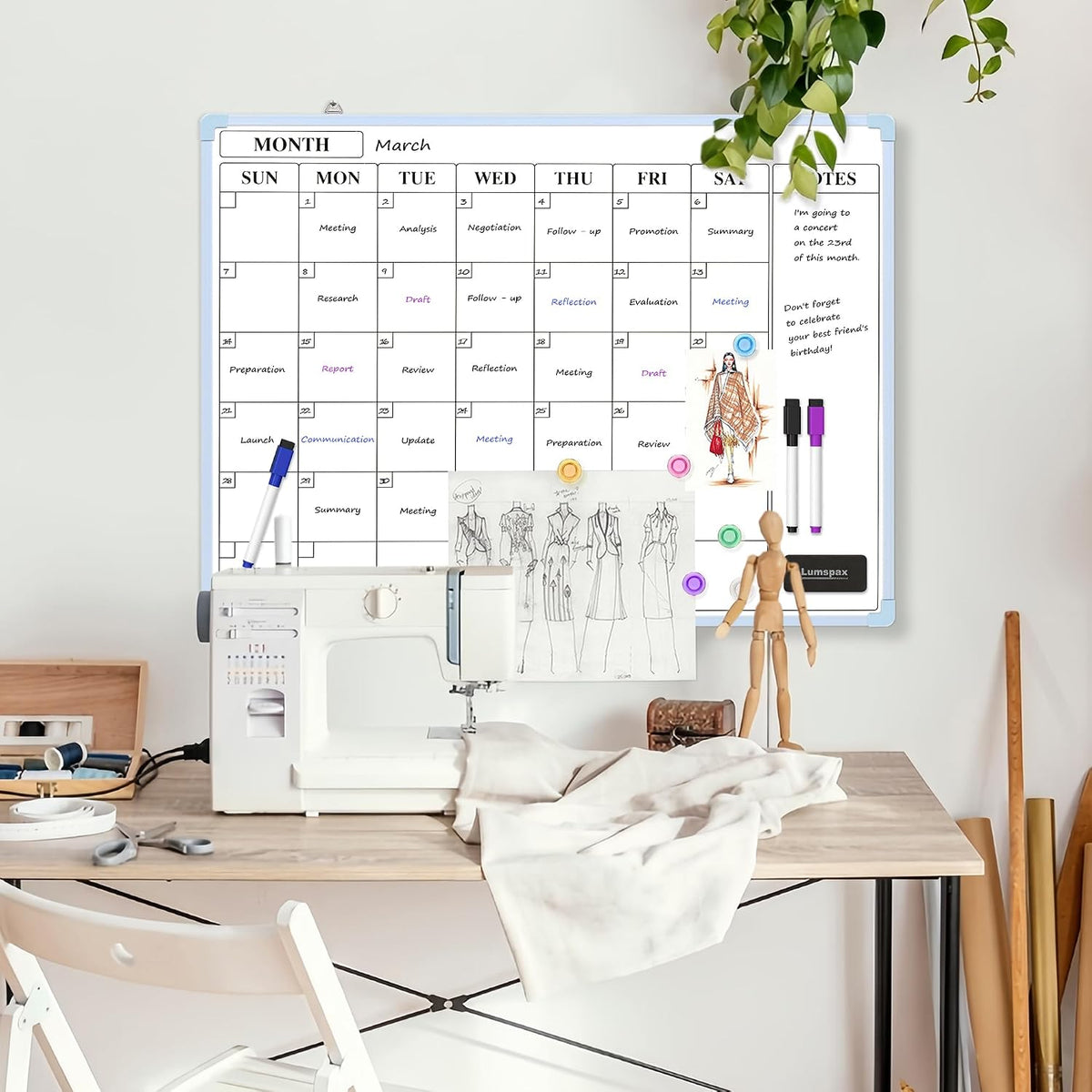 Monthly Whiteboard Calendar for Wall, Small 16" x 12" Dry Erase Board with Plastic Frame, Hanging Dry Erase Calendar with 3 Mini Sticky Notes for Kitchen Planner, Memo, Home and Office