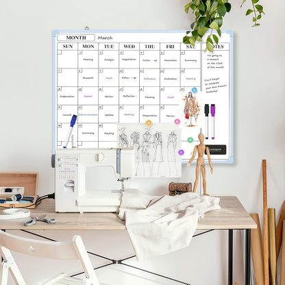 Monthly Whiteboard Calendar for Wall, Small 16" x 12" Dry Erase Board with Plastic Frame, Hanging Dry Erase Calendar with 3 Mini Sticky Notes for Kitchen Planner, Memo, Home and Office
