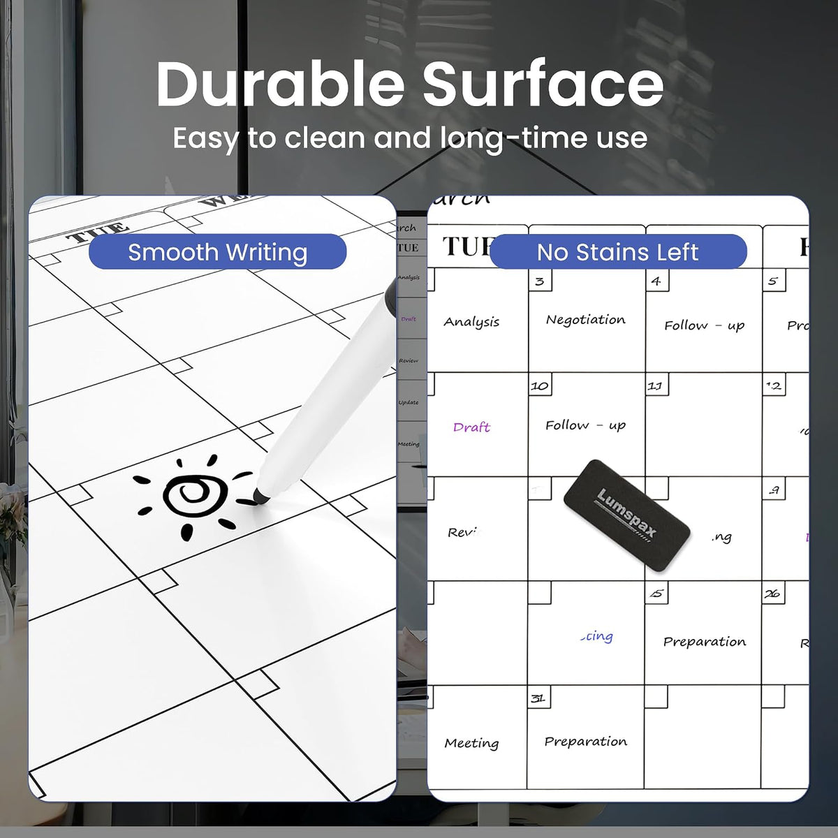 Monthly Whiteboard Calendar for Wall, Small 16" x 12" Dry Erase Board with Plastic Frame, Hanging Dry Erase Calendar with 3 Mini Sticky Notes for Kitchen Planner, Memo, Home and Office
